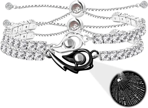 Miniatura 9 de Pulseras de proyección en 100 idiomas con texto en inglés "I Love You", 2 pulseras a juego con rompecabezas de corazón de amor de 0.118 in