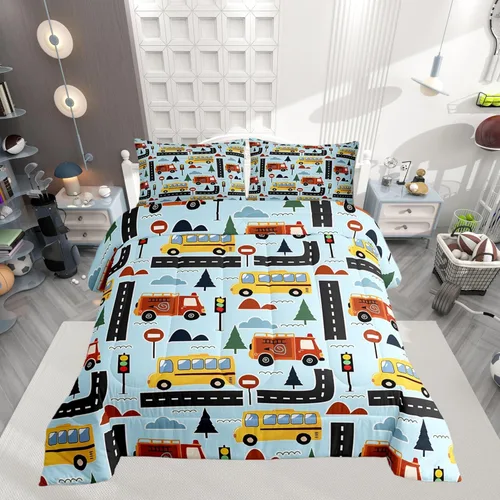 Miniatura 14 de Juego de edredón de caricaturas de autos para adolescentes, juego de ropa de cama de transporte urbano, ropa de cama para decoración del hogar