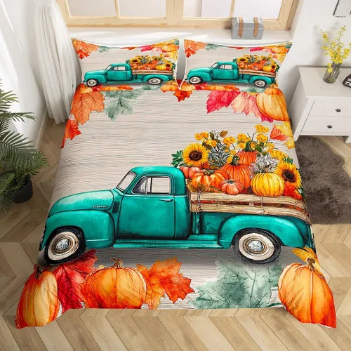 Miniatura 4 de Fall Harvest Kids Duvet Cover Set Twin Size,Cartoon Truck Pumpkin Sunflower Bedding Set,Boys Girls Bedroom Decor,Wooden Plank Maple Comforter