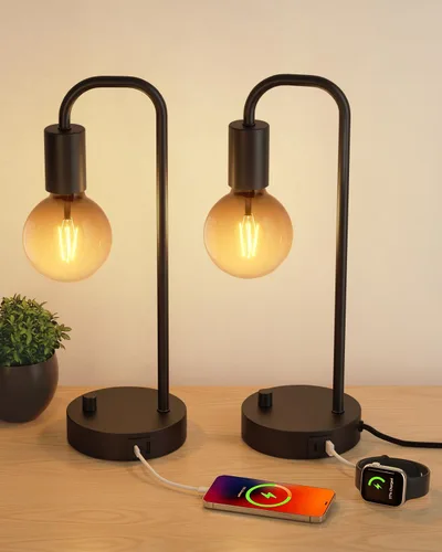 Miniatura 11 de ONEWISH Lámpara de mesa industrial para dormitorio, lámparas de noche modernas totalmente regulables con bombilla de luz cálida de 2700K
