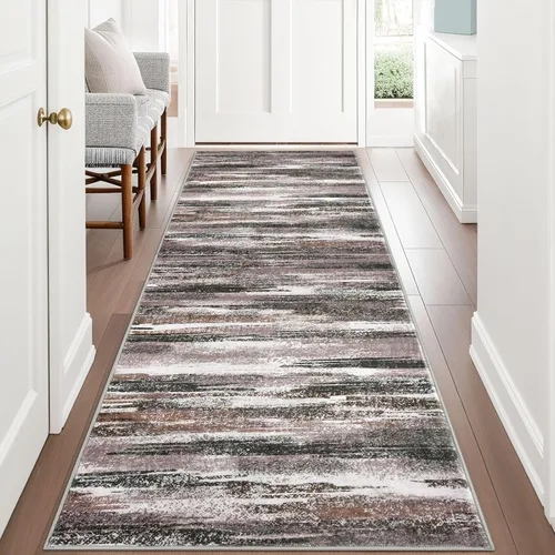 Miniatura 29 de Lansny Alfombra moderna abstracta de 2 x 5 pies, color negro, gris, blanco, lavable, alfombra de entrada para cocina, alfombra antideslizante suave