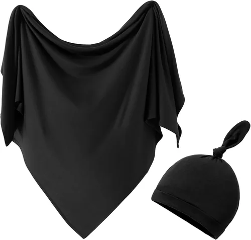 Miniatura 10 de Juego de manta de algodón de punto para bebé con gorro y diadema para recién nacido, mantas de recepción para bebé, niña y niño, 35 x 35 pulgadas
