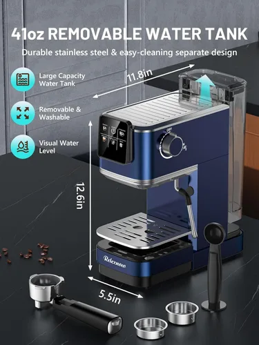 Miniatura 6 de RELEXNOW Máquina de café expreso, 20 bares, espumador de leche y panel LCD, máquina de café caliente y helado, máquina de café espresso de acero Azul