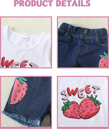 Miniatura 4 de Mikrdoo Ropa para bebé niña pequeña, trajes de verano camisas, tops rasgados pantalones cortos de mezclilla conjunto de ropa para niña pequeña