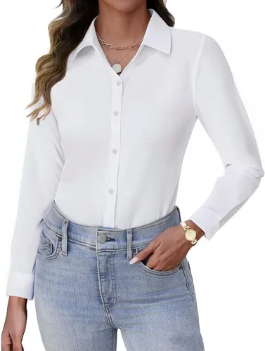 Miniatura 2 de HOTOUCH Camisas con botones para mujer, de manga larga, elásticas, sin arrugas, blusas de trabajo, ajustadas, para la oficina