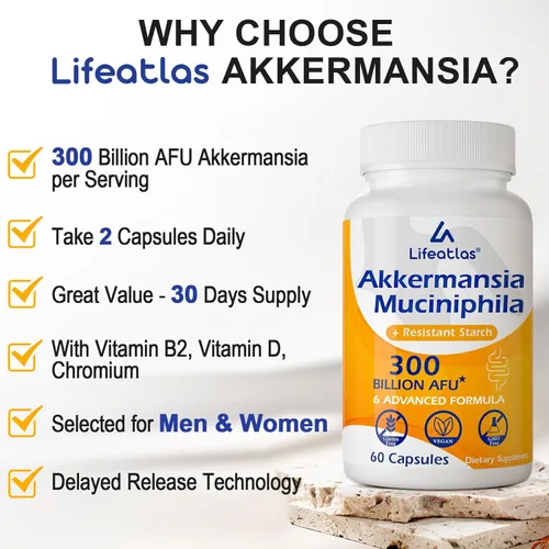 Miniatura 6 de Lifeatlas Akkermansia Suplemento probiótico Akkermansia con 300 mil millones de probióticos AFU Akkermansia, probióticos Akkermansia 6 en 1