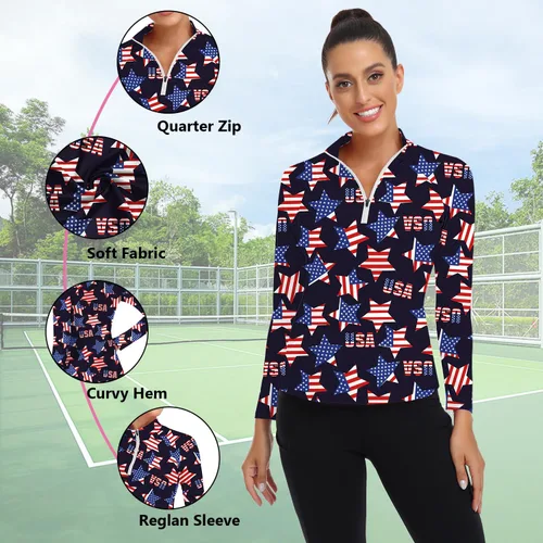 Miniatura 24 de WOWENY Camiseta deportiva de manga larga para mujer, con cremallera de un cuarto, cuello para entrenamiento, camiseta de tenis con estampado