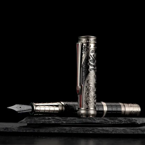 Miniatura 9 de Hongdian D5X - Pluma estilográfica de color negro, punta mediana, dinastía Qin, retro, tótem chino, grabado, pluma de escritura suave