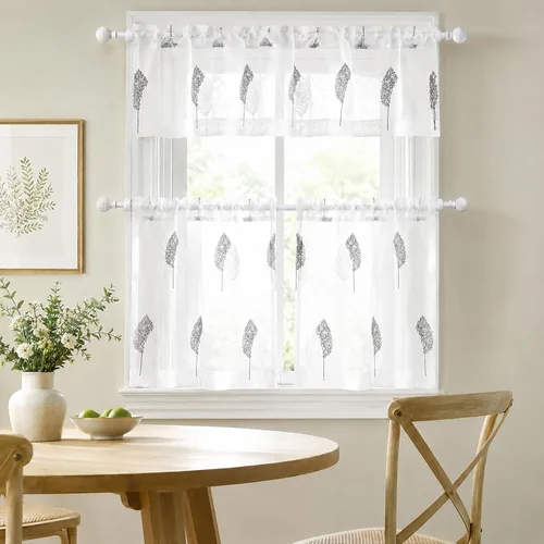 Miniatura 2 de VOGOL Juego de cortinas transparentes bordadas y cenefas para sala de estar, con bolsillo para barra blanca, par de cortinas traslúcidas