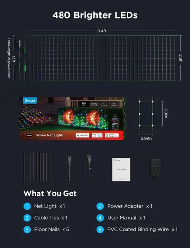 Miniatura 9 de Luces Govee de red para exteriores, 0.85*2.85 metros con funciones RGBIC y de bricolaje, 480 luces LED inteligentes con 64 modos para decoración