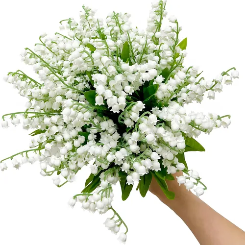 Miniatura 8 de Qivine 6 flores artificiales de lirio de los valles, orquídea blanca y blanca, planta de lirio del valle, ramo de boda, flores de látex, flora
