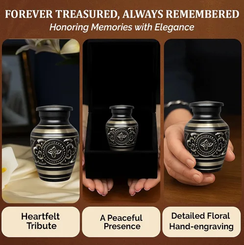 Miniatura 7 de Urnas pequeñas para cenizas humanas, recuerdo funerario grabado a mano de latón con elegante acabado negro, mini conmemorativo de cremación