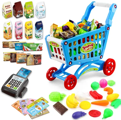 deAO Carrito de Compras Trolley para Niños para Comestibles Niños Pequeños 65 Alimentos Frutas Verduras Juego de Simulación Alimentos Juego de Roles