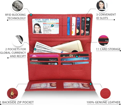Miniatura 2 de Cartera de piel auténtica para mujer con bloqueo RFID, tarjetero triple para mujer, con ventana de identificación