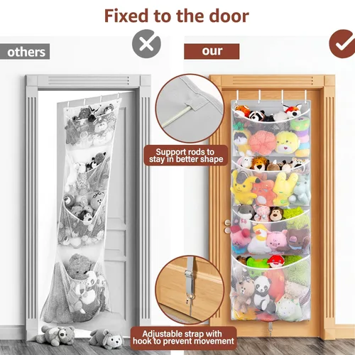 Miniatura 5 de Woodoulogy Almacenamiento de Animales de Peluche Colgantes, Organizador Grande de Juguetes de Felpa Sobre la Puerta con Gancho de Metal, Idea de Gris