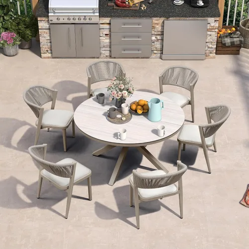 Miniatura 43 de PURPLE LEAF Juego de comedor redondo de 5 piezas de gran tamaño, marco de aluminio y mimbre de ratán para patio, mesa y sillas con cojines