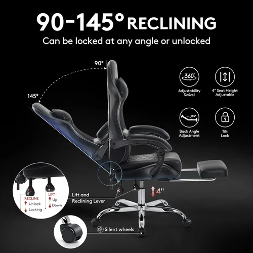 Miniatura 8 de Silla Gaming, Silla de Oficina para Computadora con Reposapiés, Soporte Lumbar de Masaje y Almohadilla de Gel, Silla Ergonómica Reclinable Ajustable