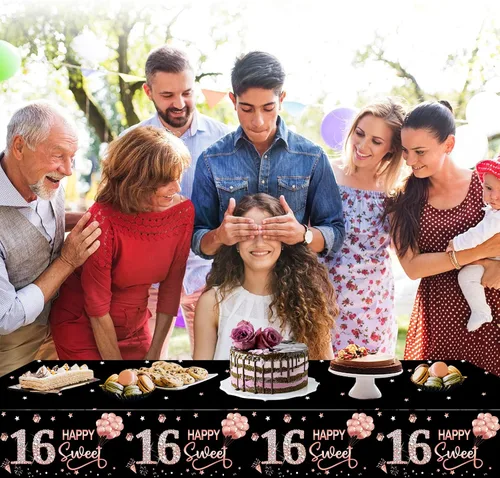 Miniatura 5 de Paquete de 3 manteles decorativos de cumpleaños dulce 16 para niñas, cubierta de mesa con temática de feliz cumpleaños dieciséis en oro rosa