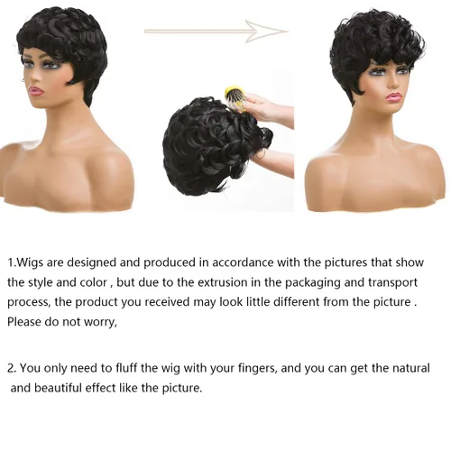 Miniatura 3 de Pelucas cortas de corte Pixie negro natural para mujeres negras, pelucas de cabello rizado de repuesto, peluca corta negra en capas con flequillo