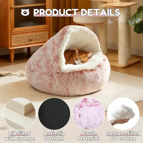 Miniatura 2 de SUOXU Cama antiansiedad para gatos, cueva de felpa con capucha, 20 pulgadas de diámetro, adecuada para mascotas pequeñas a medianas, color rosa