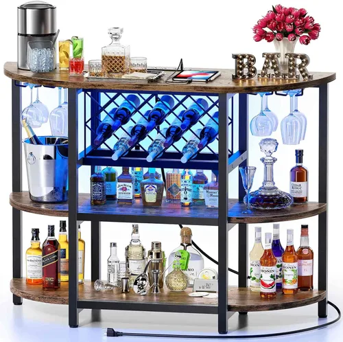 Zarler Carrito de bar con toma de corriente fácil de montar, gabinete de bar LED para el hogar, para licor, 47.3 pulgadas de largo x 15.8 pulgadas