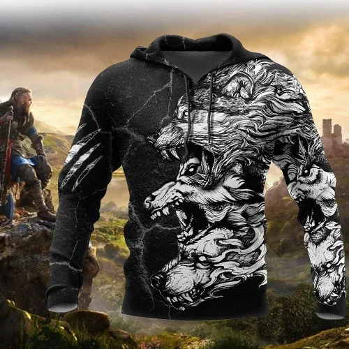 Miniatura 2 de Sudadera con capucha Viking Fenrir con estampado 3D de tres lobos grises Totem unisex