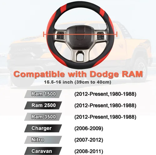 Miniatura 2 de West Llama Funda personalizada para volante de automóvil para Dodge RAM 1500 2500 3500, 15.5-16 pulgadas (negro + rojo tamaño grande)