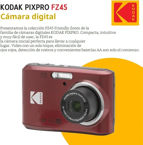 Miniatura 7 de Cámara digital KODAK PIXPRO FZ45 de 16 MP con zoom óptico de 4X, lente gran angular de 27 mm y pantalla LCD de 2.7" en paquete con tarjeta de Rojo