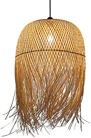 Miniatura 5 de Lámpara colgante LED, lámpara colgante de ratán tejido cruzado, colgante de cúpula rústica, 1 bombilla beige, lámpara colgante de techo con flecos