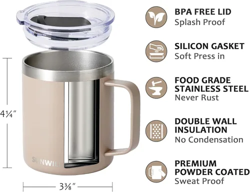 Miniatura 3 de SUNWILL - Taza de café de viaje con tapa, taza aislada con asa, taza de acero inoxidable de 14 oz para hielo, agua, té, color oro rosa