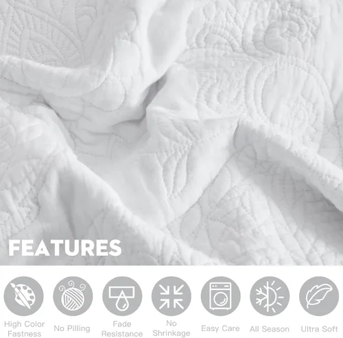 Miniatura 5 de Colcha de algodón de gran tamaño, diseño reversible de cachemira, funda de cama ligera, juego de 5 piezas, Queen, blanco puro