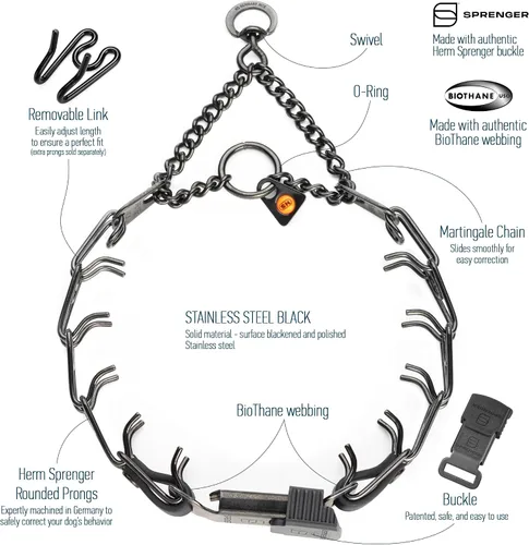 Miniatura 3 de Collar para Perro Herm Sprenger de Acero Inoxidable Negro con Hebilla de Liberación Rápida ClicLock y Inserción de Biothane Collar de Entrenamiento