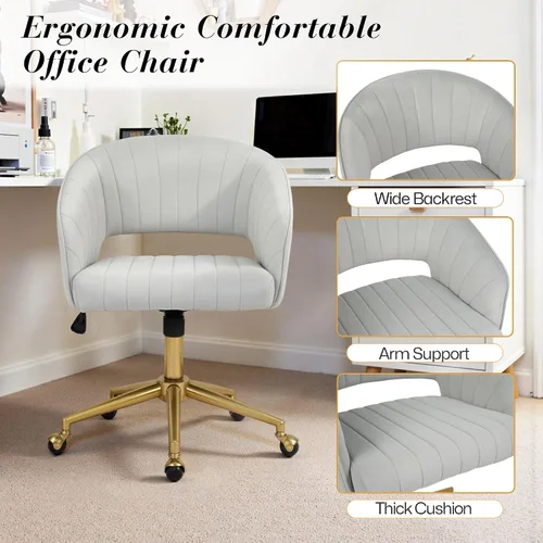 Miniatura 5 de Silla de escritorio giratoria para oficina en casa, moderna silla de escritorio de terciopelo, sillón de altura ajustable con base dorada, silla