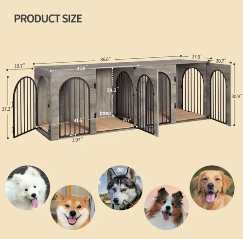 Miniatura 2 de Hzuaneri Mueble de jaula para perros de 88.4 pulgadas para 2 perros, soporte de TV para perreras de interior resistente, jaula de madera XXL
