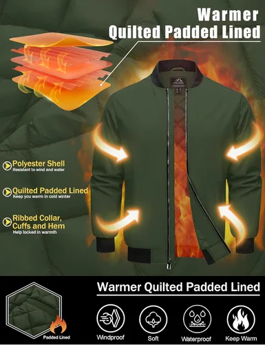 Miniatura 5 de Cotrasen Chaqueta bomber para hombre, para otoño e invierno, cálida, rompevientos, con cremallera completa, acolchada, casual