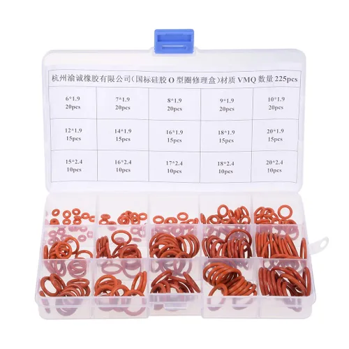 uxcell Kit surtido de juntas tóricas de goma de silicona, 225 piezas, 15 tamaños, juego de juntas métricas de sellado VMQ, rojo