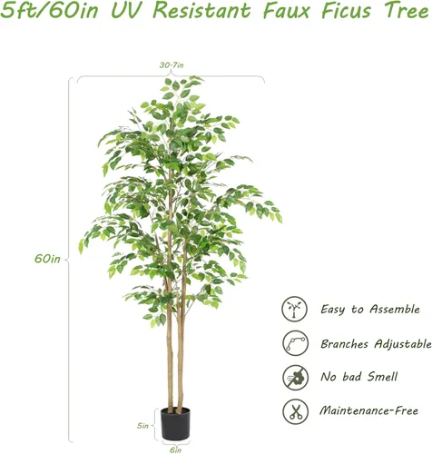Miniatura 5 de Nafresh Árbol de ficus artificial alto resistente a los rayos UV, árbol de ficus sintético de 5 pies (60 pulgadas) con hojas realistas suaves