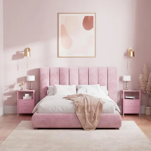 Miniatura 11 de BOLUO Mesita de noche blanca con estación de carga, mesa de noche LED con 2 cajones de tela, mesa auxiliar con puertos USB y tomas de corriente