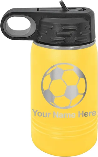 Miniatura 55 de LaserGram Botella de agua personalizada, pelota de fútbol, acero inoxidable de doble pared aislada al vacío con popote superior, regalo grabado