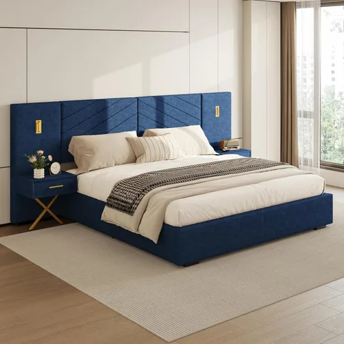 Miniatura 13 de DEINPPA Base de cama Queen de lujo con luces LED doradas integradas y mesitas de noche, cama de plataforma tamaño Queen con cabecera tapizada