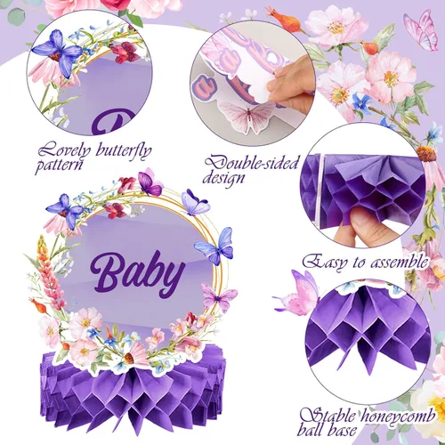 Miniatura 5 de Honoson 12 piezas de decoraciones de mariposa para baby shower para niña, centros de mesa de nido de abeja, suministros de fiesta de revelación
