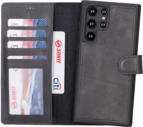 Miniatura 2 de HARDISTON Funda de piel compatible con Samsung Galaxy S22 Ultra – Funda magnética fuerte desmontable hecha a mano con tarjeteros y soporte, Negro