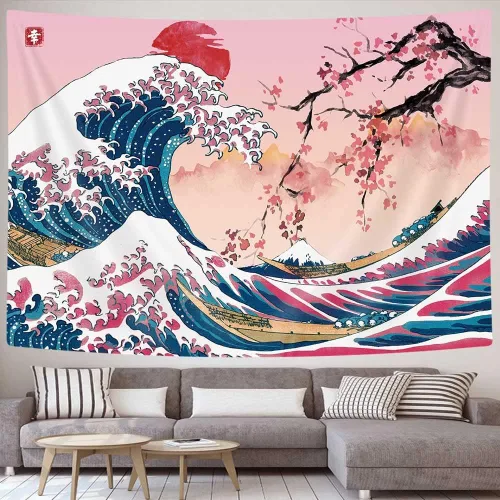 Miniatura 4 de MERCHR Tapiz de pared de flor de cerezo con sol rosa y rojo, olas del océano y escena de montaña, diseño de anime asiático para dormitorio, 60 x 40