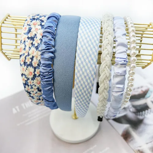 Miniatura 4 de 7 diademas de moda diferentes para mujer, diademas de flores antideslizantes, lindas diademas de perlas para niñas, diadema ancha vintage para Azul