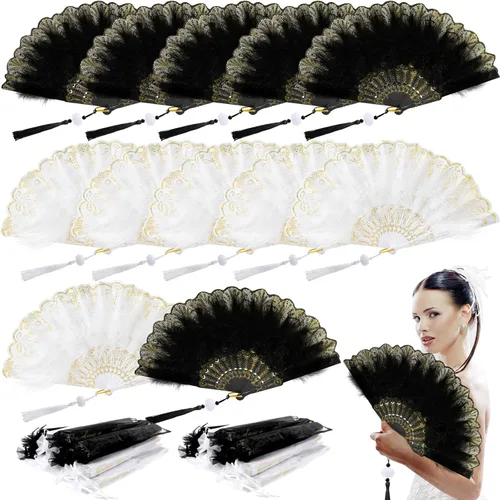Miniatura 8 de Barydat 24 juegos de abanicos de plumas de marabú a granel vintage de los años 20 de encaje bordado a mano abanico plegable con bolsa de organza