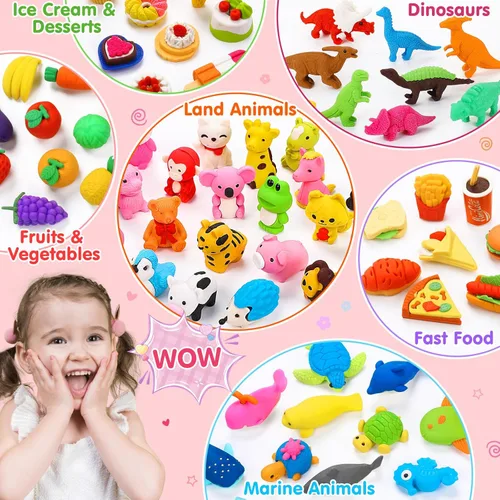 Miniatura 6 de 80 piezas de mini borradores de animales para niños, juguetes pequeños a granel, mascotas de escritorio 3D lindas, juguetes de caja del tesoro