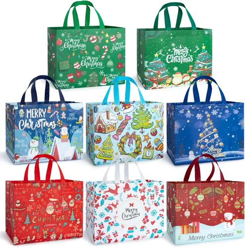 Iioscre 8 piezas bolsas grandes de regalo de Navidad con asas, bolsas reutilizables no tejidas para regalos navideños, 12.8 x 9.8 x 6.7 pulgadas