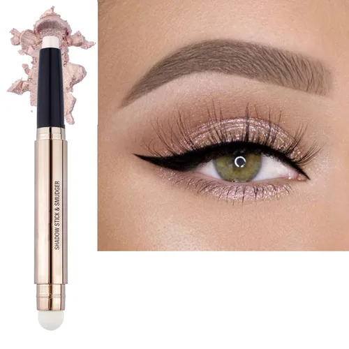 Sombra de ojos en barra 2 en 1 y brocha de maquillaje de esponja, lápiz de sombra de brillo suave crema suave de larga duración, resistente al agua,