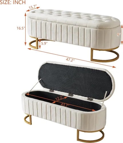 Miniatura 3 de Polibi Elegante otomana tapizada de terciopelo con botones, banco de almacenamiento con patas de metal para dormitorio, sala de estar, entrada, Beige