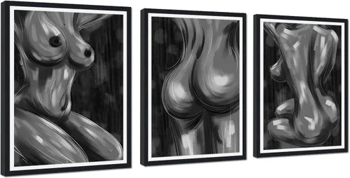 Miniatura 104 de Novatique 3 piezas de arte de pared sexy en blanco y negro para parejas desnudas, decoración de pared abstracta de amor para mujeres y hombres, arte